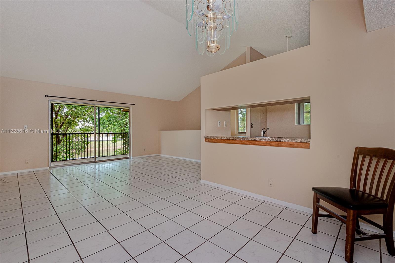 The view from the dining area out to the living room.