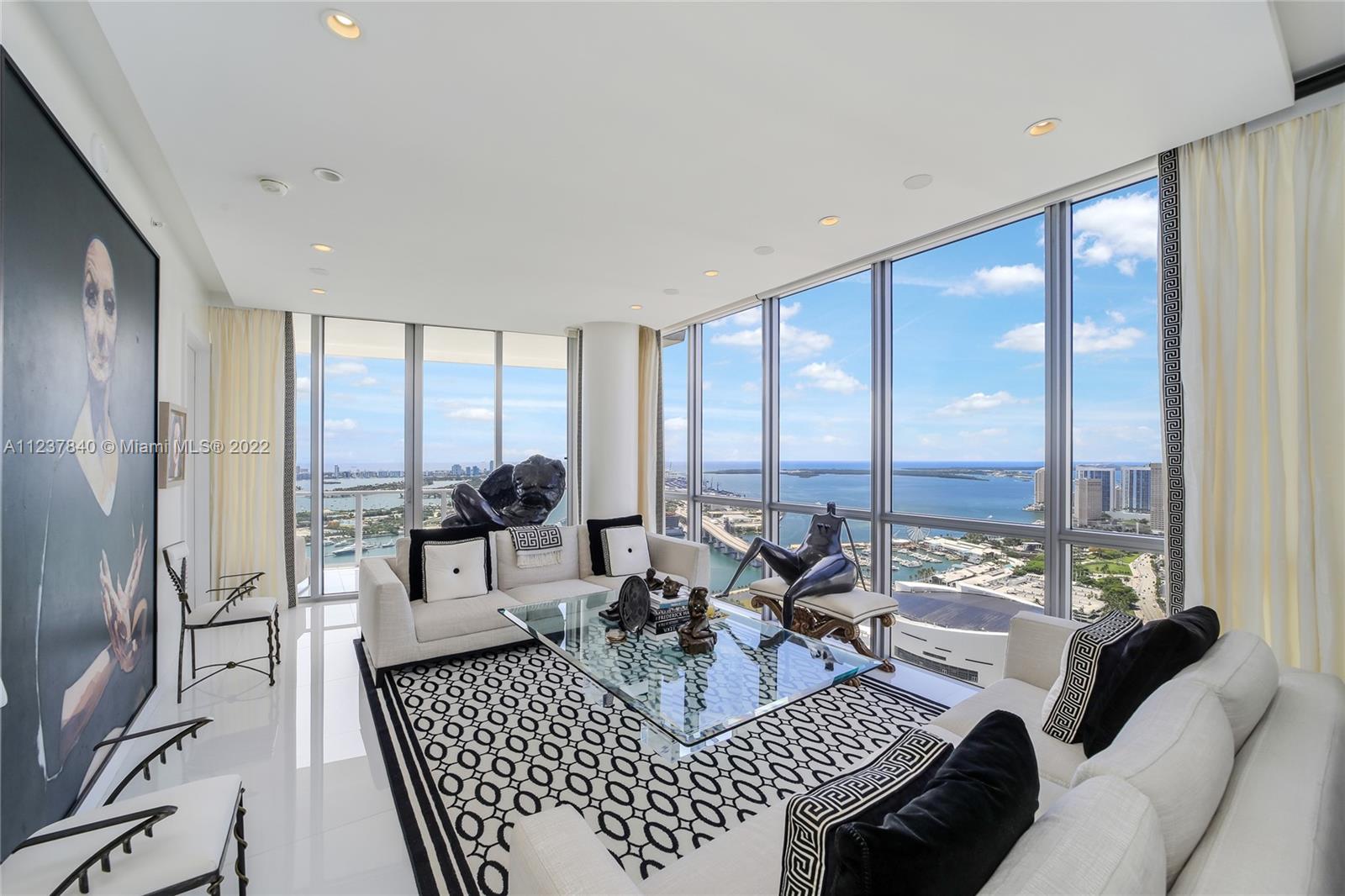 Most desired line in the Building.  This 50th Floor SE corner unit has breathtaking views of Miami Beach, the Bay, and Downtown Miami.  3 Bedroom converted to a 2 Bedroom plus den.  The Highest floor on this line for sale.  Directly in front of the Art and Science museum, and next to the future signature bridge of Miami. Video tour available to watch.