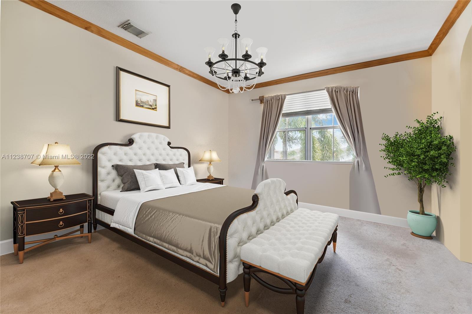 Spacious Master bedroom, second floor with en-suite Master bathroom. Staged image.