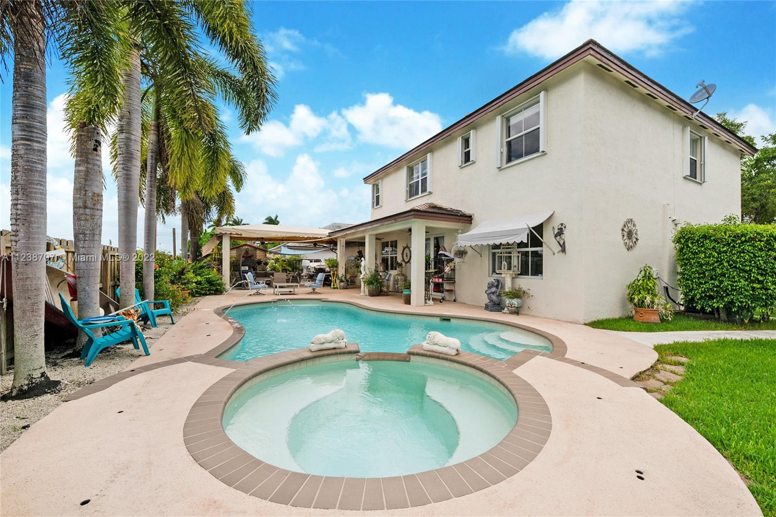 Backyard for entertaining (jacuzzi overflowing in pool)