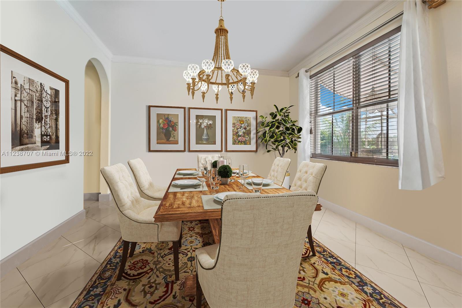 Formal dining room (can also be closed off for 2nd master bedroom on the first floor with bathroom and separate entry/ efficiency if desired) Staged image.