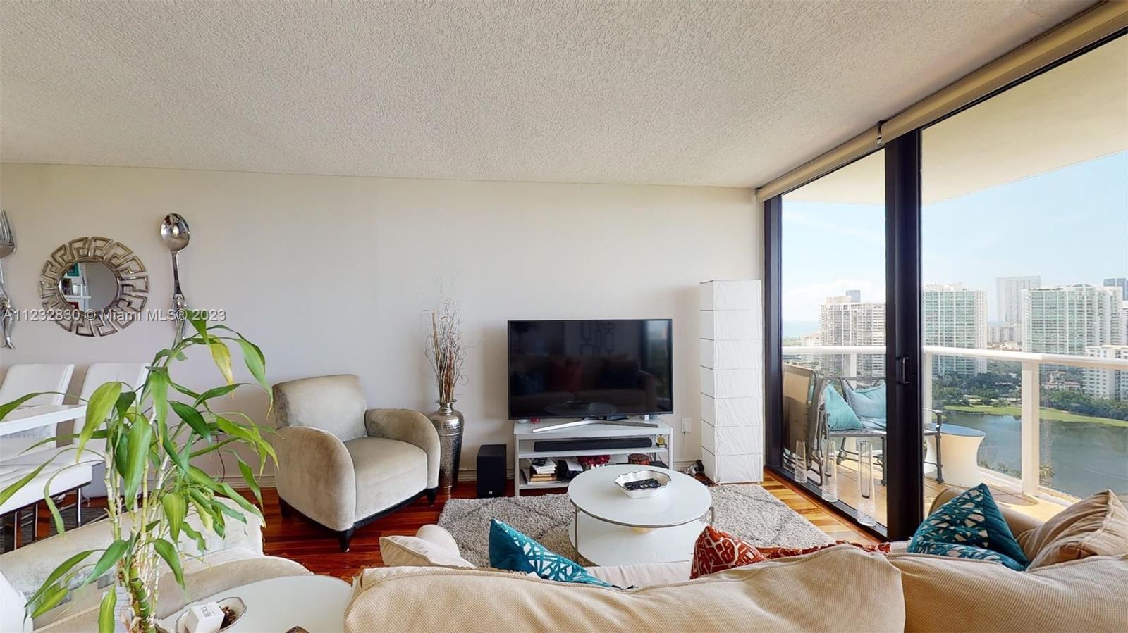 Detail of living room with lake an golf view