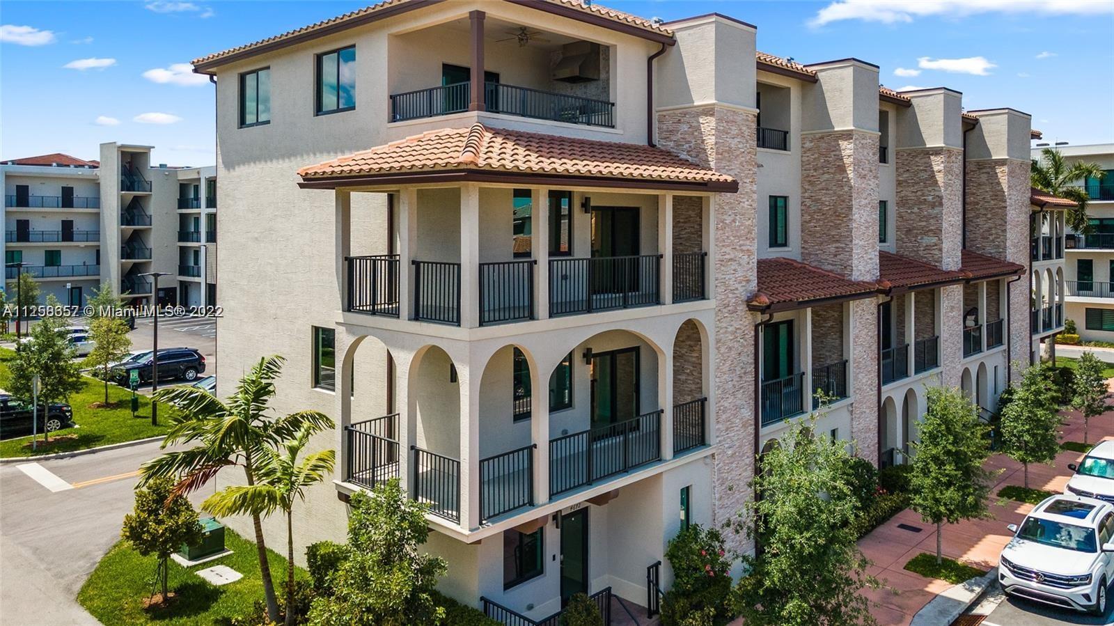 For Sale, this stunning corner 4 story Townhome at URBANA Downtown Doral, near schools, parks, restaurants and shops. This unit features a media room, skyview terrace BBQ area, private elevator, 2- car garage, and much more. The units have new tiling flooring, floor to ceiling European kitchen cabinets, European back splash tiles in kitchen, upgrade GE profile appliances, full laundry with modern upgraded Samsung washer and dryer, laundry sink with stone top. Smart apps to manage A/C, doorbell, range, washer and dryer, entrance digital key.  Great investment.