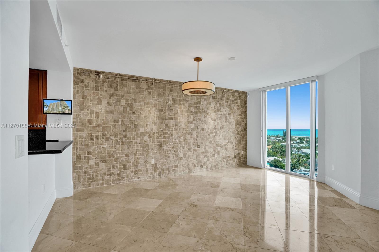 Dining room views and stone walls that add texture.