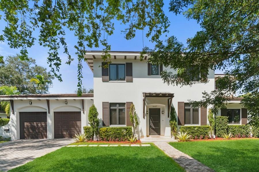 Beautiful two-story contemporary home located on a quiet, tree-lined street in the heart of Coral Gables. Recently built in 2014,this home offers an open floor plan w/formally laid out living areas separated by delightfully crafted wood panels. Formal living & dining lead to spacious custom kitchen & family rm w/ views of tropical yard & pool deck. Primary bedroom suite located upstairs, offers spa like bath w/floating tub & shower, WIC, private balcony +3 spacious bed rms w/2 baths upstairs,1 bed /bath downstairs, plus Cabana bath. Large covered terrace w/summer kitchen. High ceilings & marble floors. Impact windows & doors/wine cooler/laundry rm/2 car gar/security system/sound system/connected to gas line.  Close to Riviera Country Club & UM, schools & shops! Seller financing at 5 %!