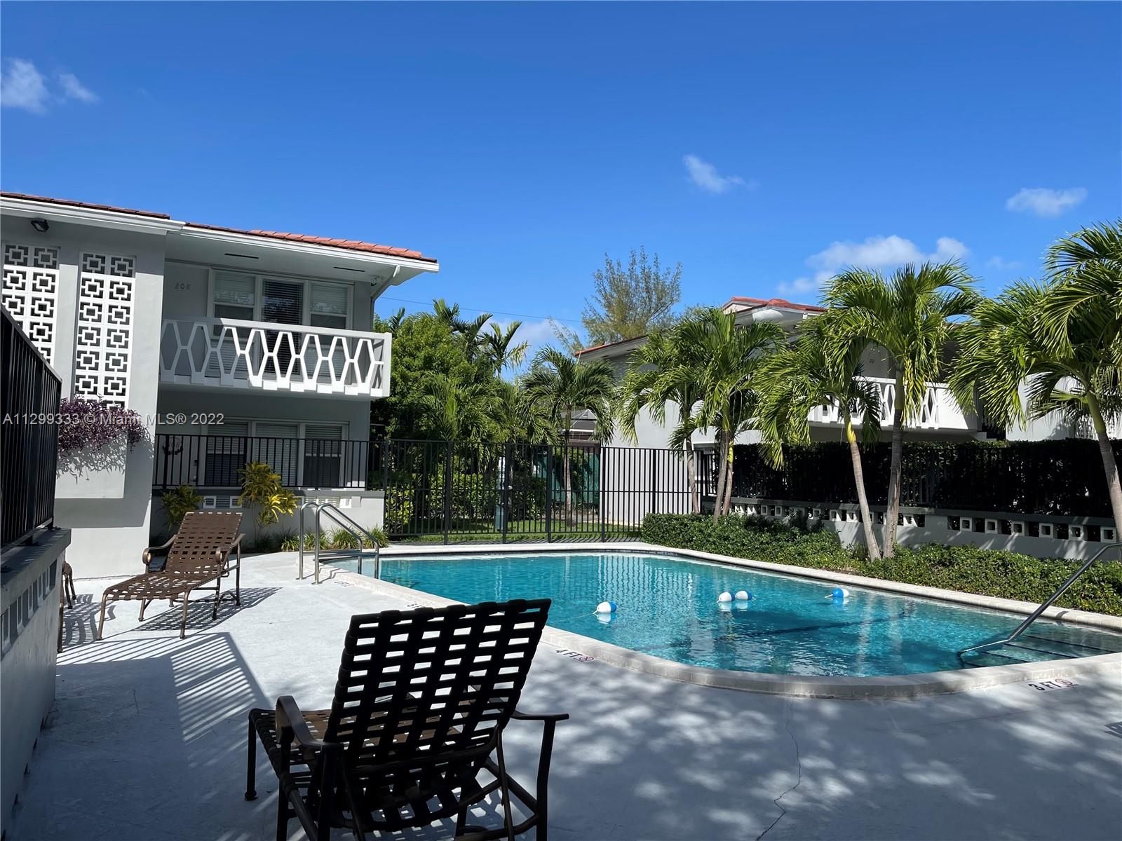 Bikers &  hikers dream. Rarely available 300K, lowest price per square foot in Gables/Grove 1st floor condo on prestigious Edgewater Dr. Walk out to your pristine, sunny pool, hop on your bike & enjoy 12 miles of gorgeous paths from Deering Estate to Downtown Miami. Close to University of Miami,  perfectly situated where Coconut Grove and Coral Gables meet! Bright and full of light! 1 assigned parking. Buy for yourself or rent for up to $2,500 a month.. Stress free living, maintenance includes all exterior insurance, water/sewer, trash pickup. Electric is usually less than $60.00 a month. Dogs under 25lbs OK
Very very quiet small building on a safe tree lined street surrounded by multimillion dollar homes. Assessments are up to date and paid.