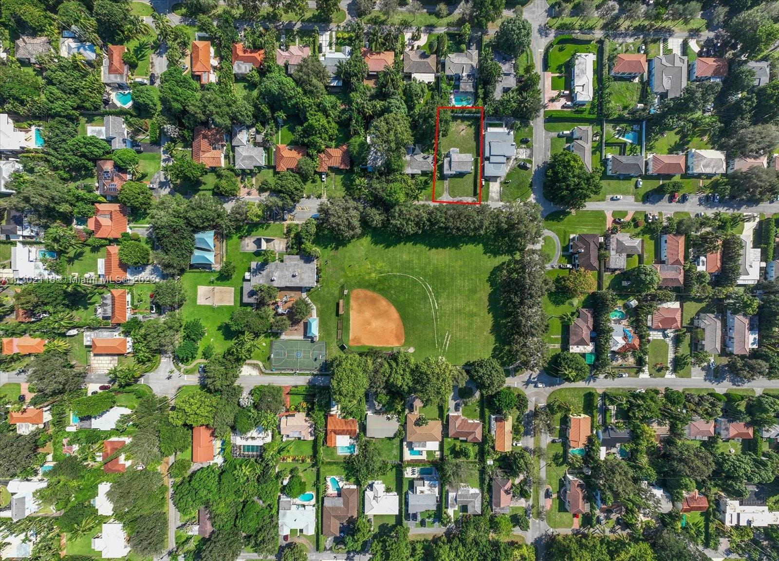 Arial view of the recreation field the house sits across from Biscayne Park