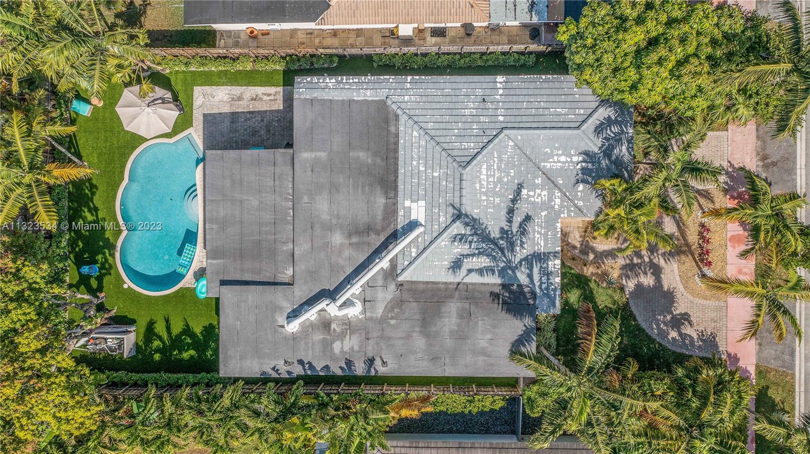aerial of the house and pool