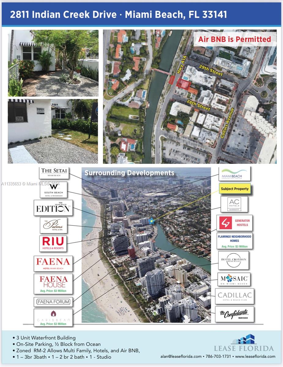 Triplex - Duplex - Single Family property located 1/2 block from beach with private waterfront property for dock or water access. Located near the booming fauna neighborhood . Lots of shopping , restaurants , bars and very secluded. Property has 2 private parking spaces and a yard. One of the only properties of this type. Located in front of a pedestrian bridge that allows you to walk and have easy access to the west part of Miami Beach.