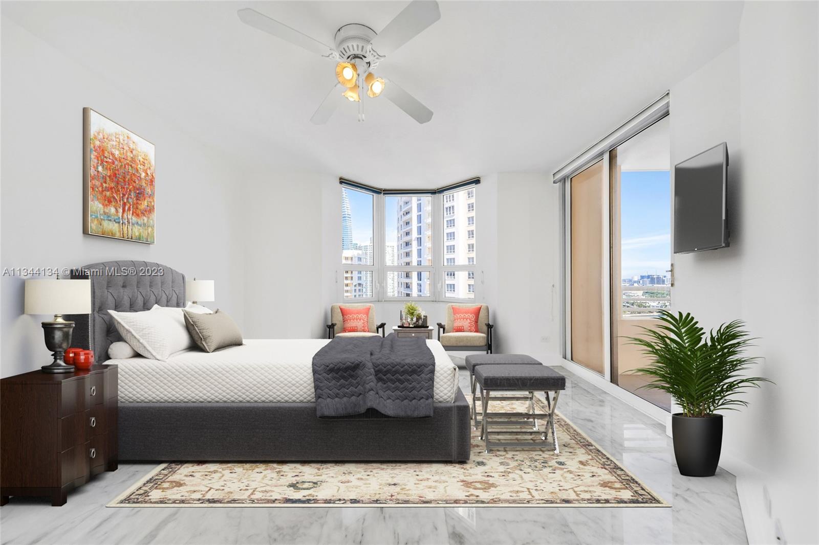 Bedroom with bay window and terrace access