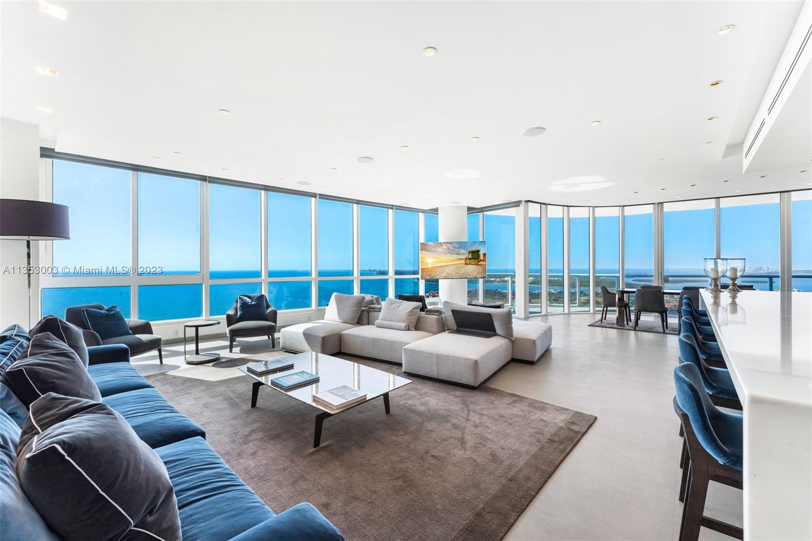 Spectacular, turnkey 3Bed/3.5Bath corner unit atop the Continuum South Tower.  Come see what it feels like to be in the most heralded line at the Continuum South Beach.  From the moment you arrive in one of 2 elevators into your private foyer, you will marvel at the quality of finishes and then the exceptional views from the Atlantic Ocean to Downtown Miami from 2 private balconies.  Only the finest materials throughout such as a fine Italian limestone floor, gigantic marble island, custom cabinetry, and Miele appliances. The massive Master Suite features its own private balcony with direct crystal views of the Ocean and Fisher Island. Delivered fully furnished with Poliform furniture and adorned with numerous pieces of collectable art.  Rarely available line as only 6 exist.