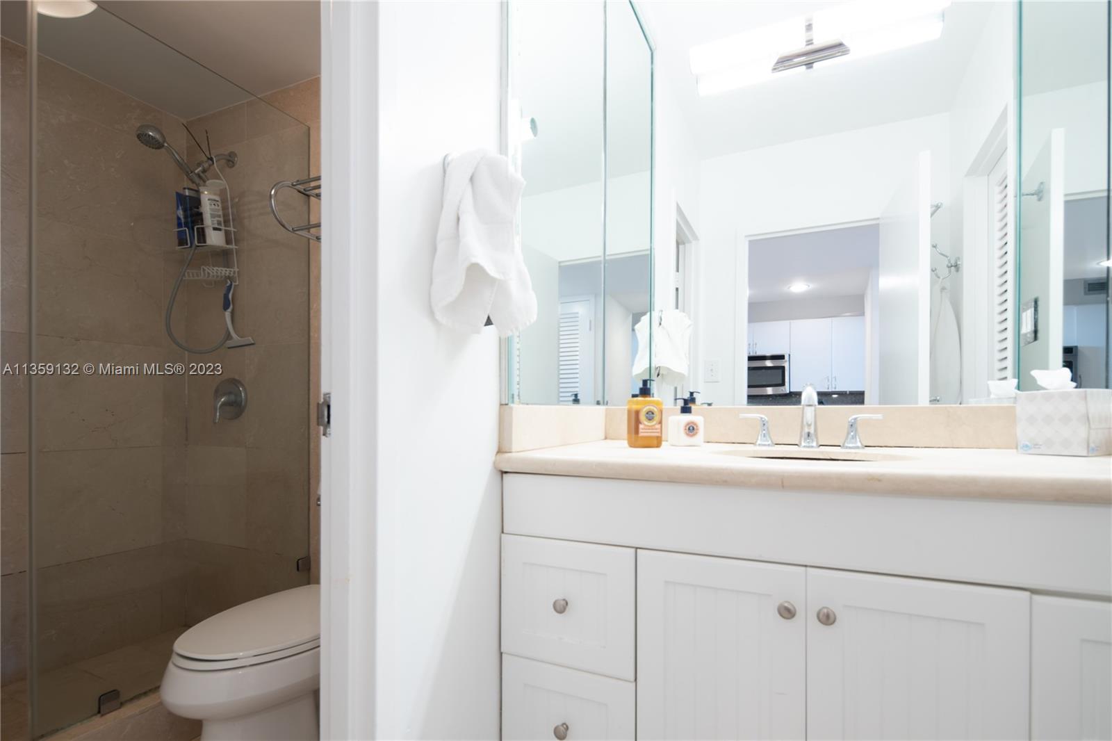 Bathroom view of the shower, and vanity.