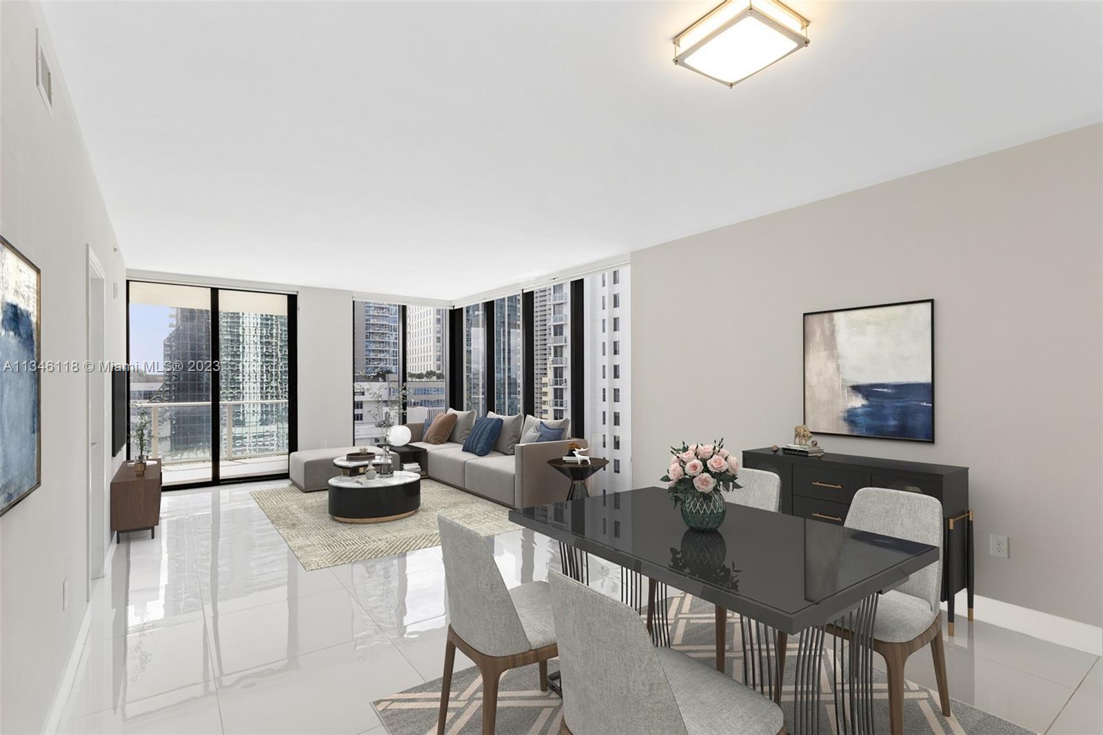 PRICED TO SELL! This spacious and bright 3 Bed | 3Bath + Den corner unit showcases beautiful views of Biscayne Bay and city skyline with a large balcony & summer kitchen. The unit features a private elevator with two separate entrances and top of the line Smeg appliances. 1010 is the best building in Brickell well known for its fabulous amenities which include rooftop pool lounge perfectly positioned for sunrise and sunset, outdoor theater, squash court, 1/2 basketball court, spa with co-ed hammam, fitness center with double height ceiling, outdoor track, arcade with golf simulator, and much more.