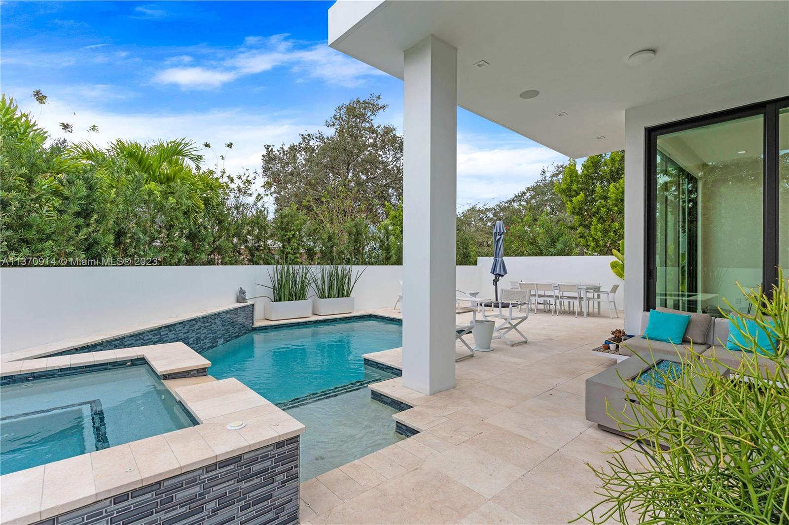 Saltwater Pool + Jacuzzi w/ Waterfall. Space for Outdoor Kitchen.