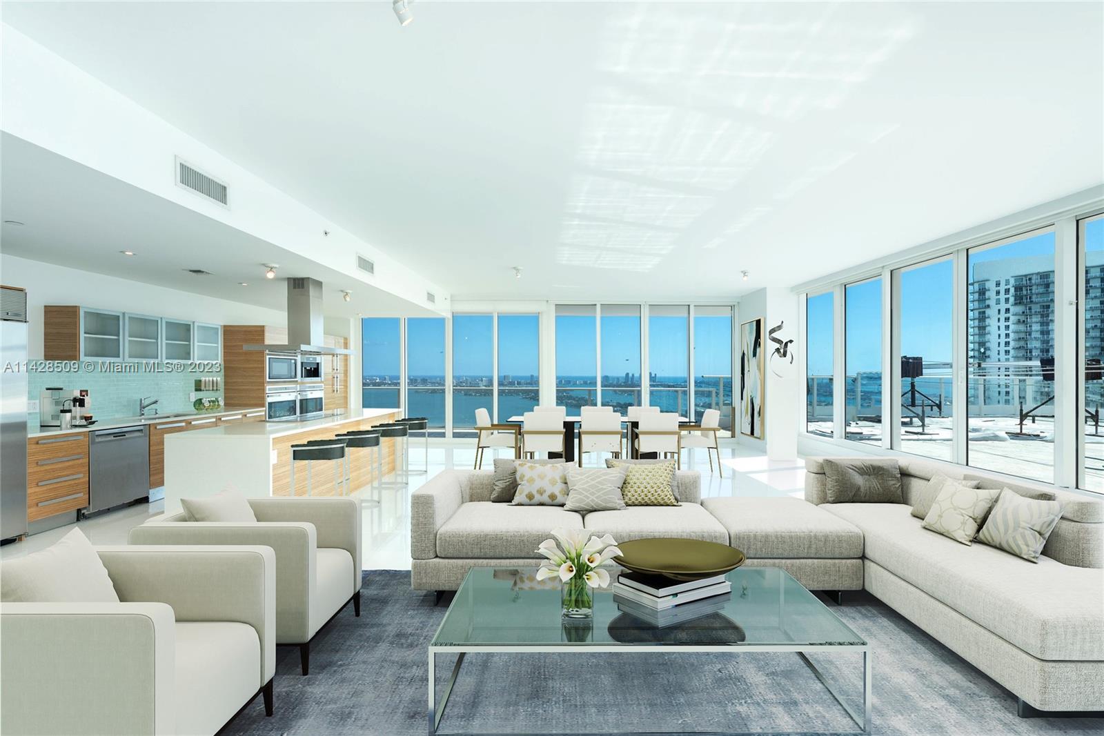 Rarely available, modern Penthouse in Paramount Bay Edgewater, with a private, 2,000-sf terrace offering incredible views of Biscayne Bay, Downtown Miami skyline, and western sunset views. This immense, 5-bedroom 5.5-bath luxe residence features floor-to-ceiling glass walls that allow maximum exposure of panoramic water and city views throughout all living spaces, open concept gourmet kitchen, oversized bedrooms with en-suite baths and walk-in closets, private elevator, and more. Live life on the water in Miami’s trendy neighborhood, Edgewater – ideally located between Miami Design District, Midtown Miami, Downtown Miami, and Miami Beach. Paramount Bay is a luxe condominium with 2 pools, 2-story 6,000-sf fitness center with spa, valet, and 24-h security. Available for lease at $23,950 Mo.
