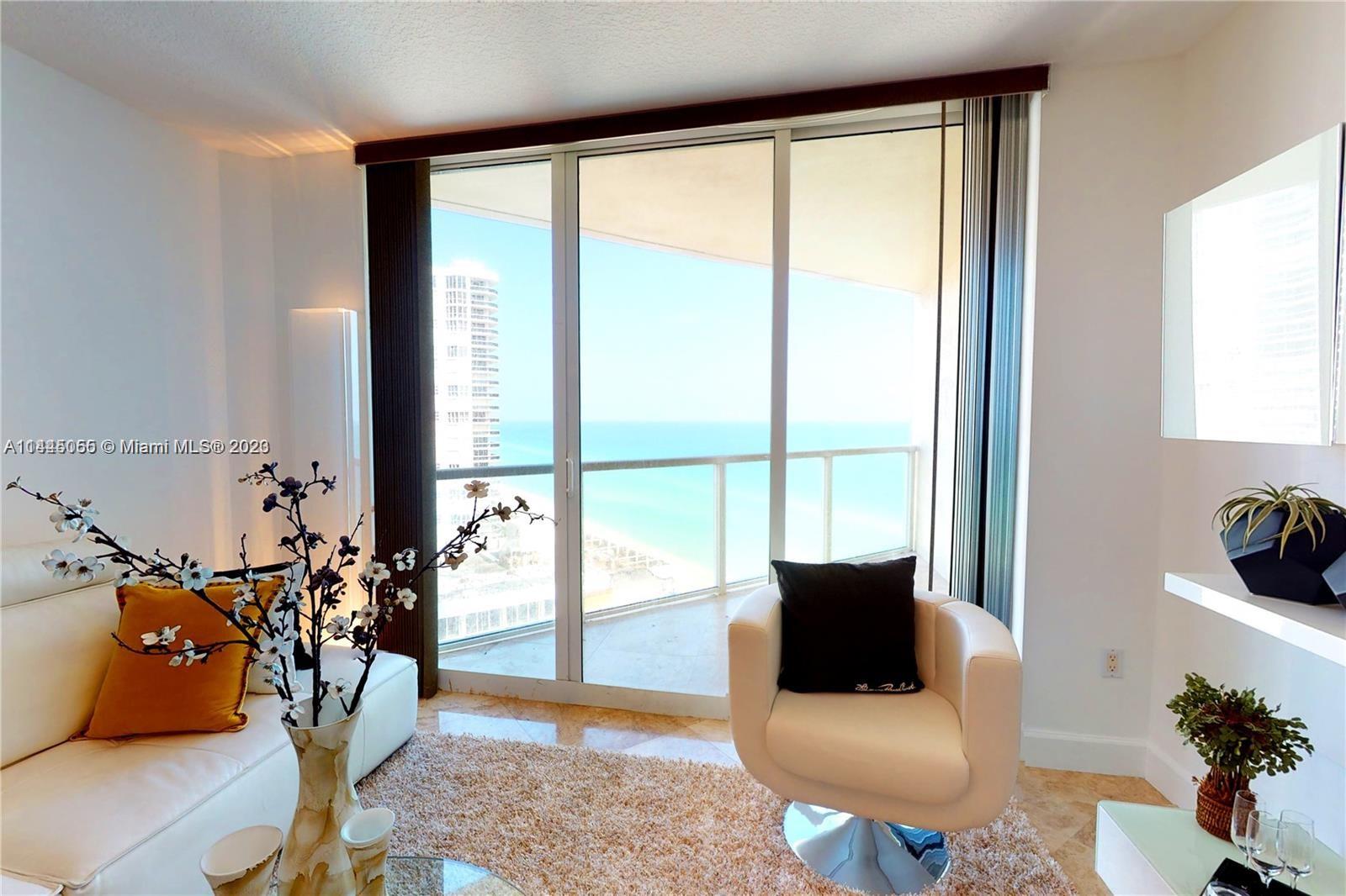 Breathtaking ocean views from every room in this large 2  bedroom + den & 2.5 bath fully furnished & beautifully decorated apartment.  Den converted to 3rd bedroom which can be used as office or TV room. Private balconies in every room & Living room overlooking the ocean. Large master bedroom w/two walk in closets, double sink bath,separate shower & tub. Marble & wood floors, granite counter tops in kitchen, hardly used by owner who lives abroad.  Enjoy a resort lifestyle, walk to ocean front heated pool & chairs & umbrellas at the beach & fishing pier & restaurant by the beach. Near to it all, Aventura mall, shops, restaurants, Gulfstream Racing & Casino.  Excellent security, excellent location, can be rented short term minimum 3 months.