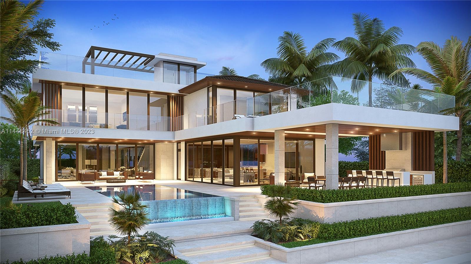 Sale price includes vacant land + approved plans + seller will complete construction of the home with finishes chosen by the buyer. Stunning tropical modern masterpiece with pristine open bay views. Featuring 75 feet of waterfront on a 11,250 sq. ft. lot, with 5,200+ sq. ft indoor space. Buy now to customize and fine-tune the finishings on this 5 bed/5.5 bath dream home. The estate boasts expansive living and family rooms that overlook the scenic bay view with seamless indoor/outdoor living. Enjoy a boat dock, pool, roof deck, elevator, outdoor kitchen, 2 car garage, gazebo & more! Located on highly coveted and gated Biscayne Point. Centrally located, and minutes away from Bal Harbour, Miami Design District, Wynwood Art District, South Beach and major private schools.
