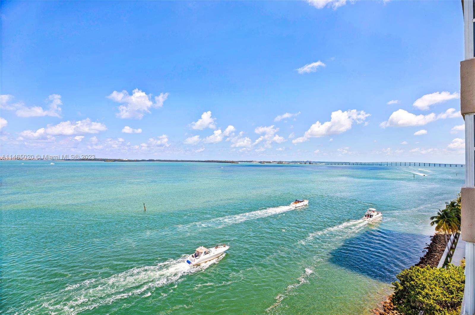 Corner Bayfront Direct Water view of Biscayne Bay. Water Views from Every Window. Remodeled Unit with porcelain Floors, Granite Counters in Kitchen, Remodeled Bathrooms, Washer/Dryer in unit. Lots of Sunlight with plenty of windows. Building offers; doorman, Valet, Full Security, Full Gym with Great Views, Tennis and more. Ready to Move in. Best Line in Building with Direct Water views. Does not get better than this. Brickell Key Island Living at its Best and at a Steal of a Price.