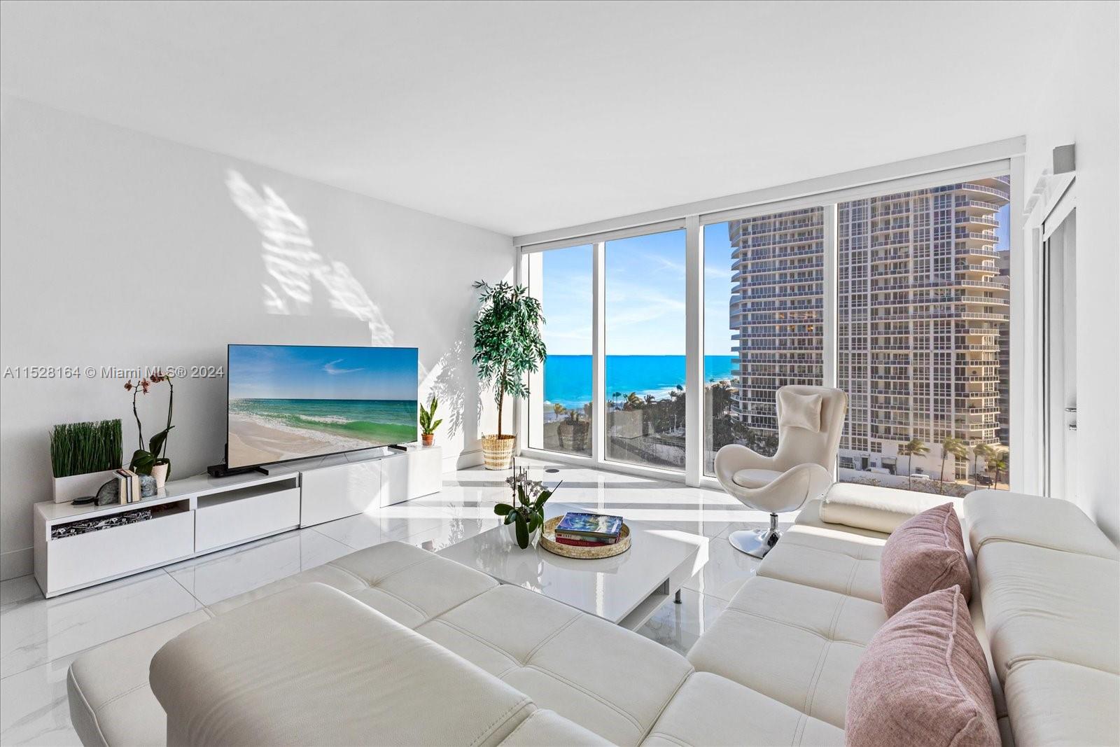 Beautifully renovated 1bed 1.5 baths with southern exposure. Tranquil ocean views and views of the Miami Skyline from this bright and spacious 900/SF unit featuring white porcelain floors throughout, new bathrooms, updated kitchen, new washer and dryer, closet built-ins. Large balcony with access from the living and bedroom. Unit comes fully furnished and is available for a min 6 months to 9 months max starting March 27th. Unit comes with 1 parking space. Full service building with beach service, fully equipped gym, Sardinia cafe, theater and social room, 24 hour security and valet. Contact Listing Agent for more information.