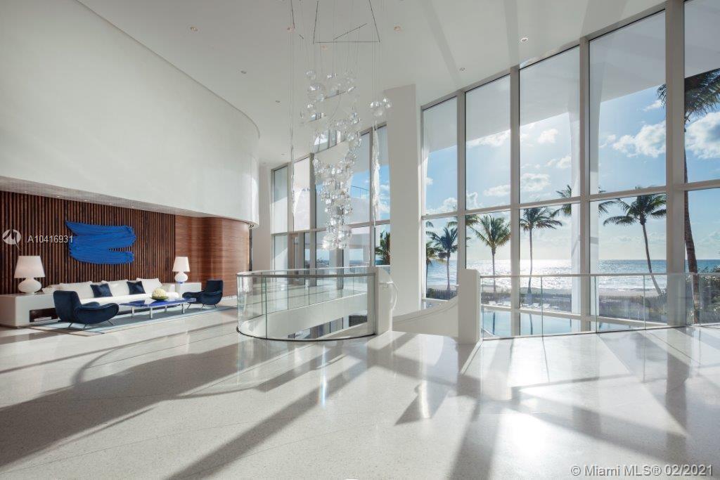 A stunning finishing package in progress. Move-in ready soon! 180 degrees of completely unobstructed views of Downtown Miami, the intracoastal, and the ocean. This true flow through has 20 ft ceilings in living area and over 6,500 sq ft under AC with 5 bed/6.5 baths + den, study, family room, service quarters + midnight bar + master seating area. A dream home in the sky!