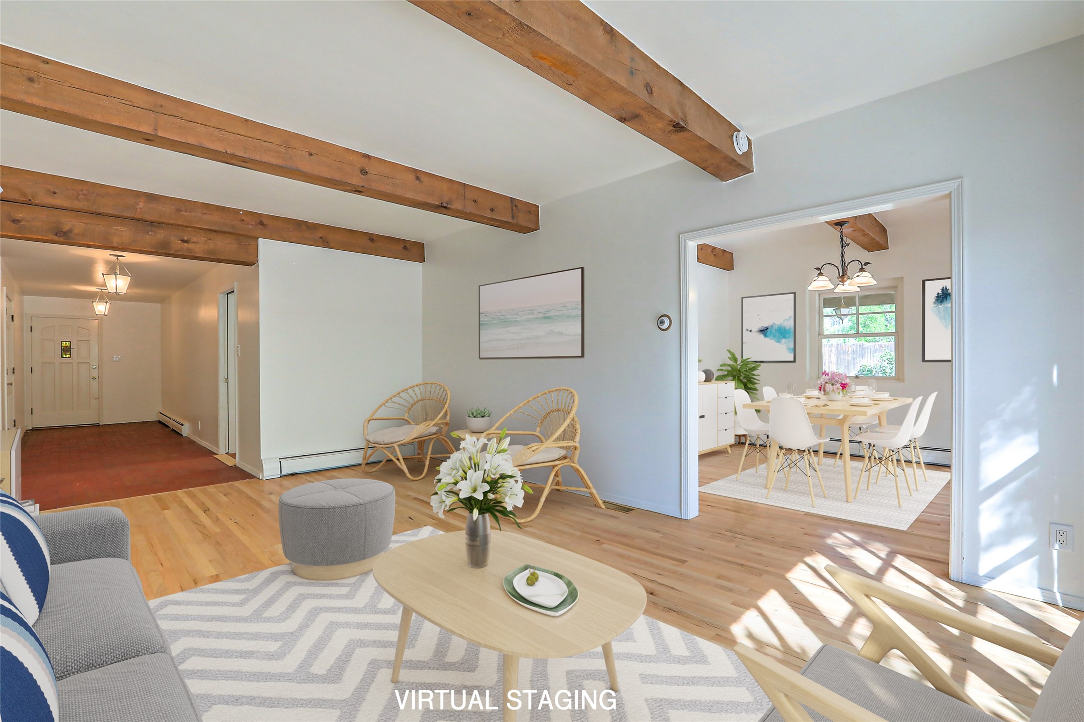 Virtual Staging living room with beamed ceiling