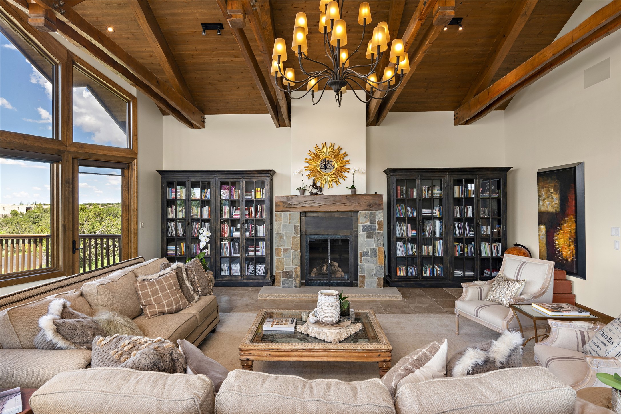 Living Room with Vaulted Ceiling and Exposed Beams
