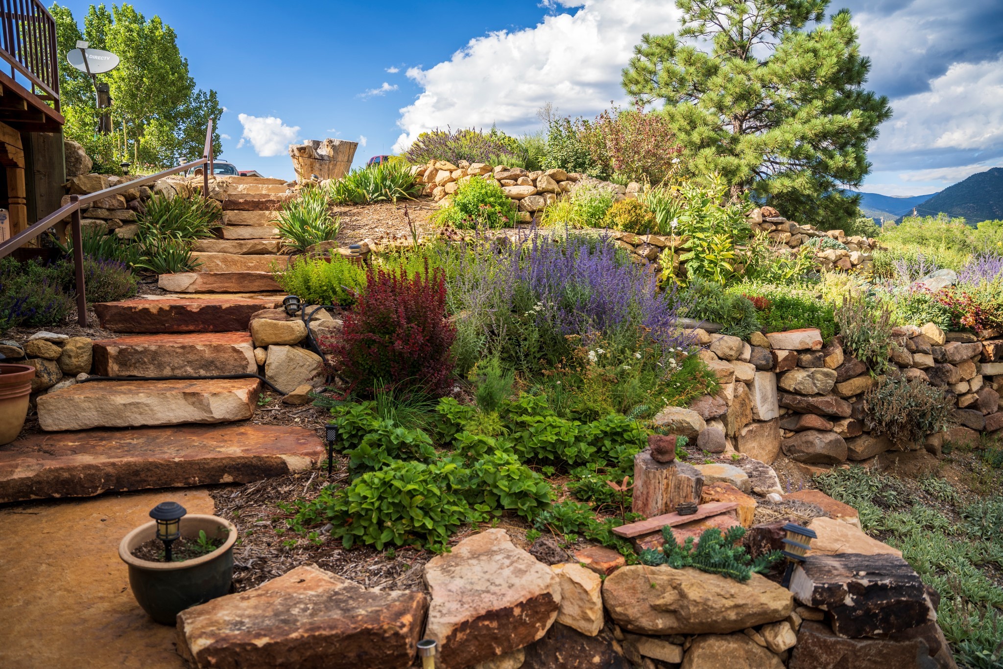 Rock stairs and wall landscaped entry