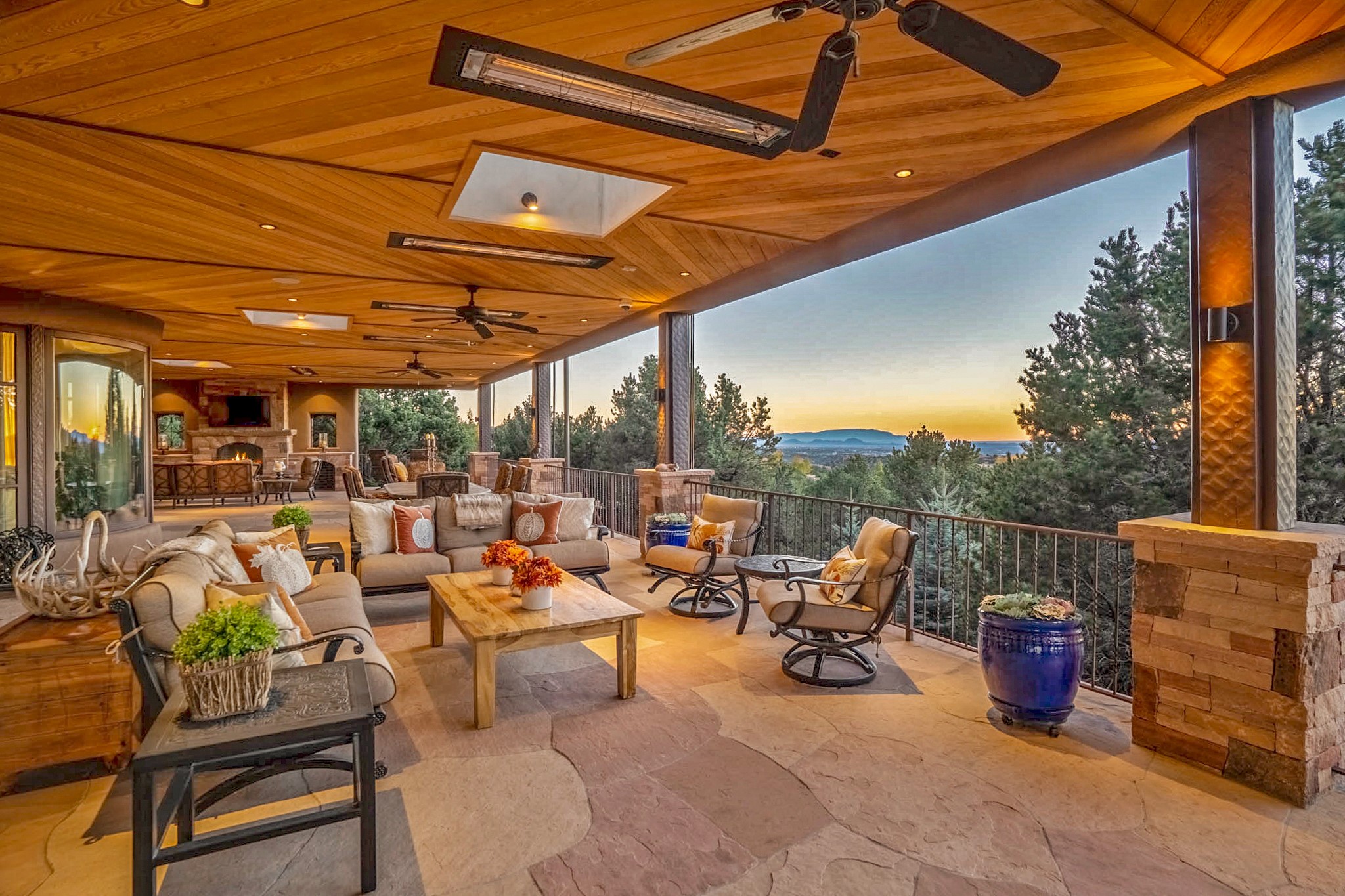 A 2400 sq. ft. sunset-facing portal with outdoor heaters make for year-round use