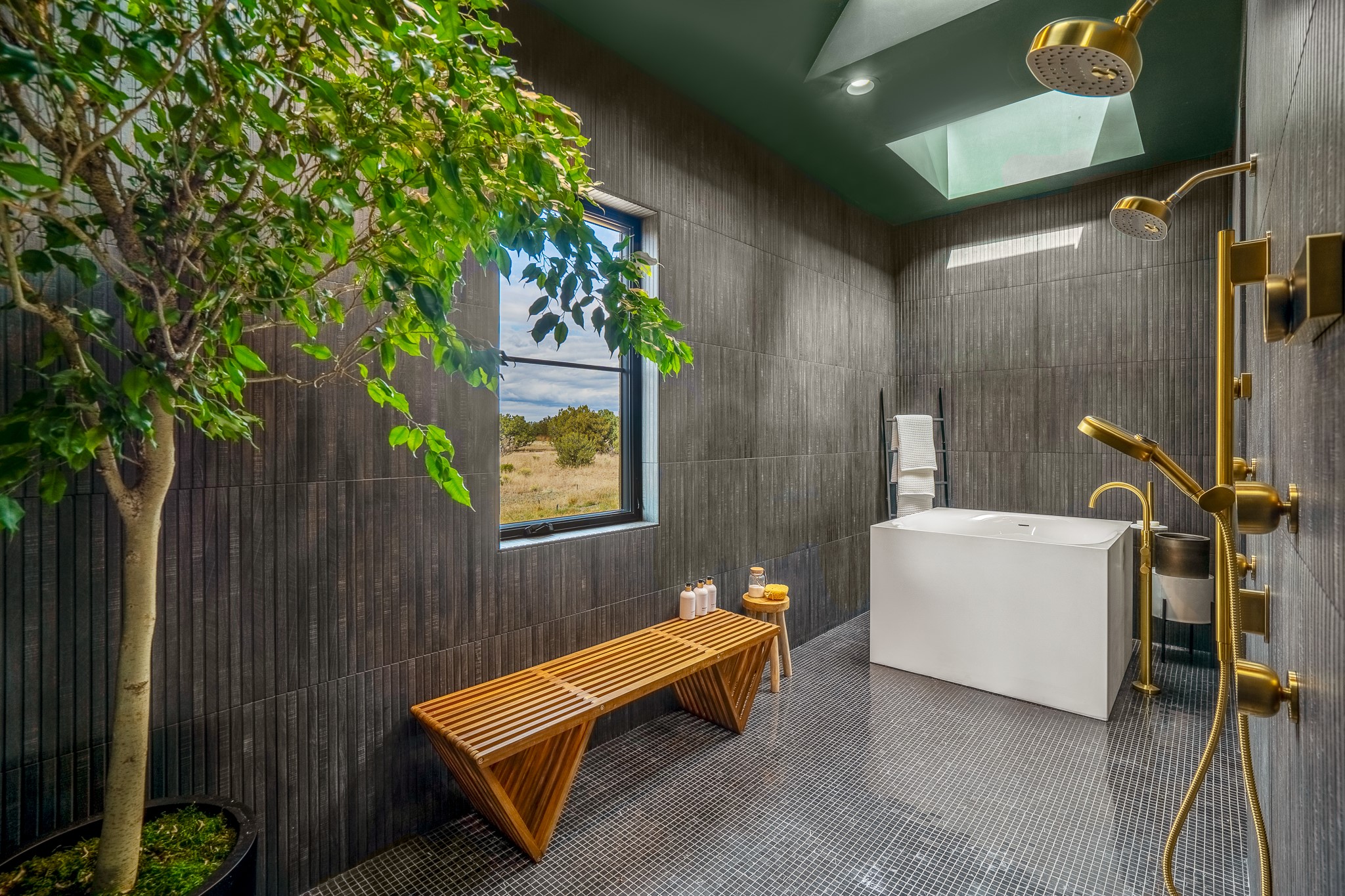 Wet room with programmable Anthem shower, Stillness soaking tub, skylights.
