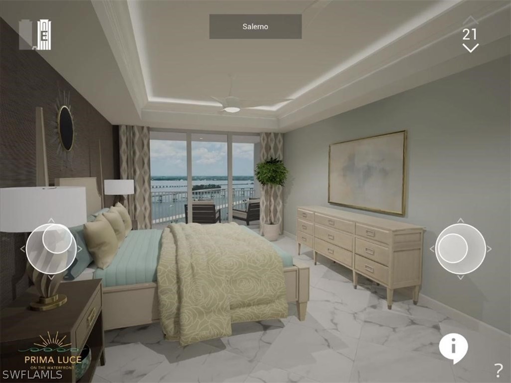 Master bedroom with a private balcony and river front view.