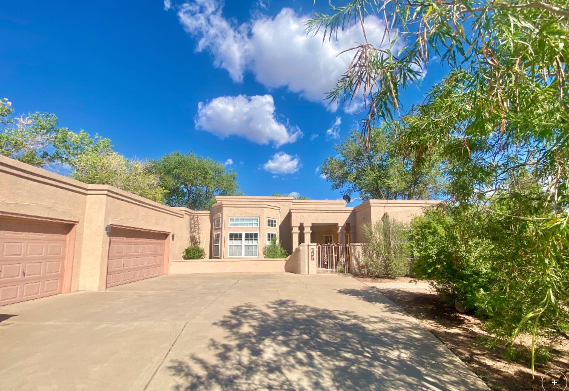 Corrales beauty w/spectacular views of the Sandia Mountains nestled in a quiet cul-de-sac on nearly an acre. 3-wing floorpan w/2+ living areas separates MSTR, guests & study. Covered patio, wood floors, country kitchen, bkfst nook, formal dining rm & wet bar. Master retreat w/sitting rm, 2-sided FP, bay window seat, WIC closet, pvt patio off Mst BA w/outdoor hot tub. 2nd wing w/2 BR's & full J&J BA. Study w/separate entrance & hall BA off 3rd wing. Fully-finished basement w/Living Rm, BR & 1/2 BA (great for entertainment, media rm, man-cave, separate living). Laundry, W/D, central-vac, Newer Roof, 3-car garage w/side yard access. Lg fully-fenced, gated backyard w/above ground vinyl pool, grassy area, fruit trees, storage sheds & space for RV/Boat parking. Enjoy tranquil Corrales living!