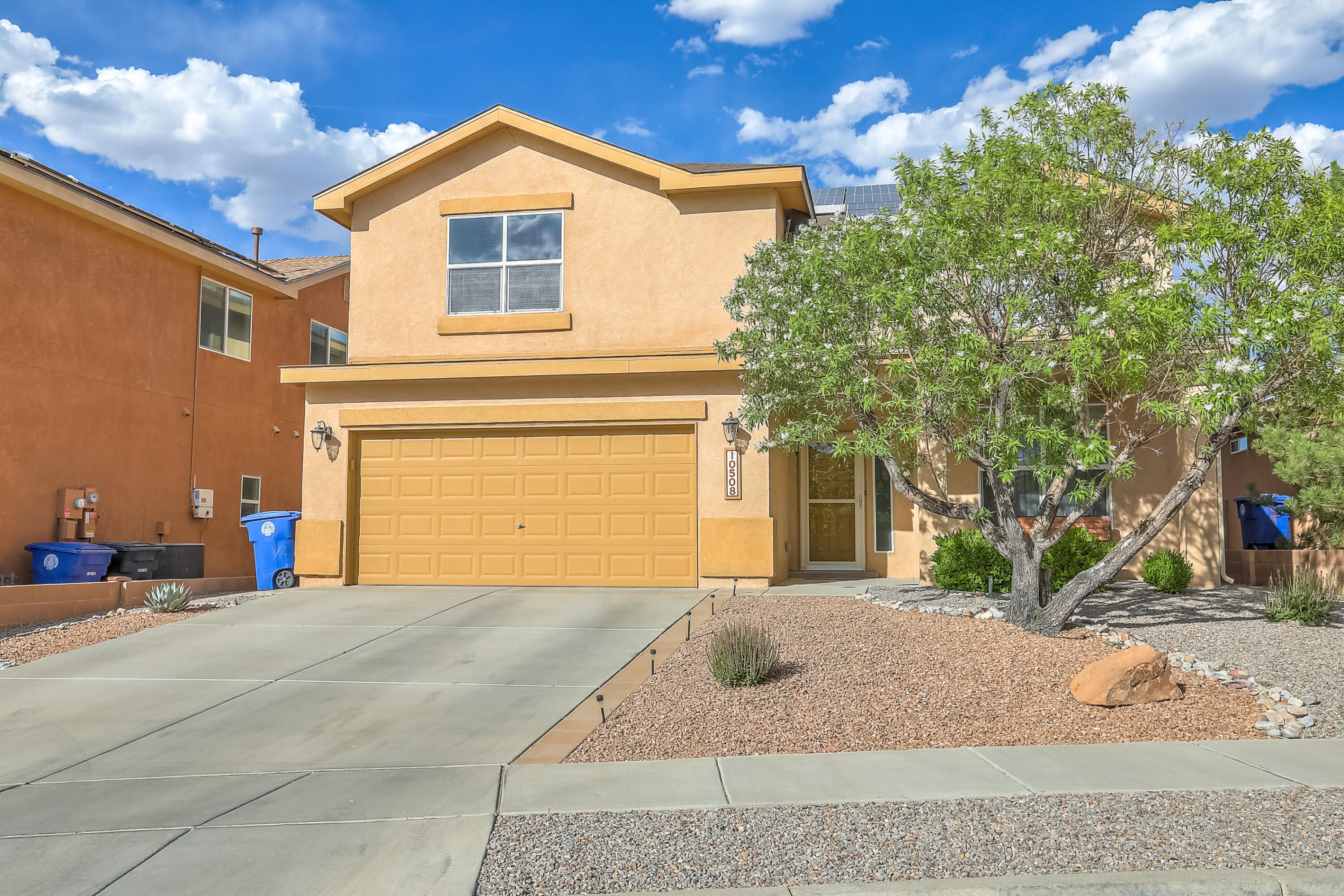 Welcome to this beautifully maintained, nicely updated, move-in-ready home in a great school district! High ceilings greet you as you enter the light filled living area! 2 living, 2 eating areas. Split staircases, from living room & den, for easy movement thought-out the home. New wood-look tile floors on lower level  2021, hot water heater 2022. Newer vanity in half bath. Recent paint. Master bath with garden tub/separate shower/double sinks, and water closet!  Loft upstairs provides additional space for TV/game/reading room! Solar is owned! Backyard w/turf & xeriscape for easy care. Enjoy the hot summer days in the above ground pool which can stay or sellers will remove. Shed w/additional storage. Garage has hanging storage shelves from the ceiling. Cul-de-sac street.