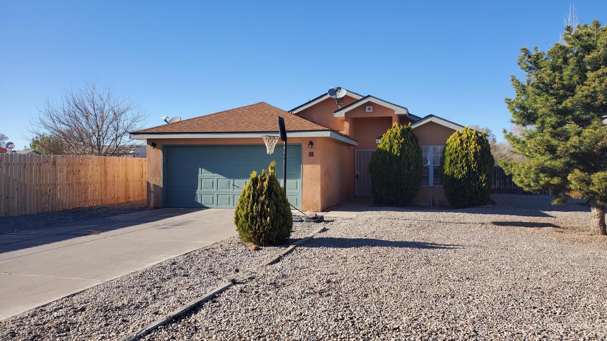 Comfortable & inviting this single level home features steel frame construction with radiant heat 3 bedroom 2 bath , 2 car garage, freshly painted, new carpeting. Located on a corner lot, with breathtaking views of the Manzano mountains.  Great for first time home buyer or down sizing you can't miss seeing this one... it's move in ready!!!