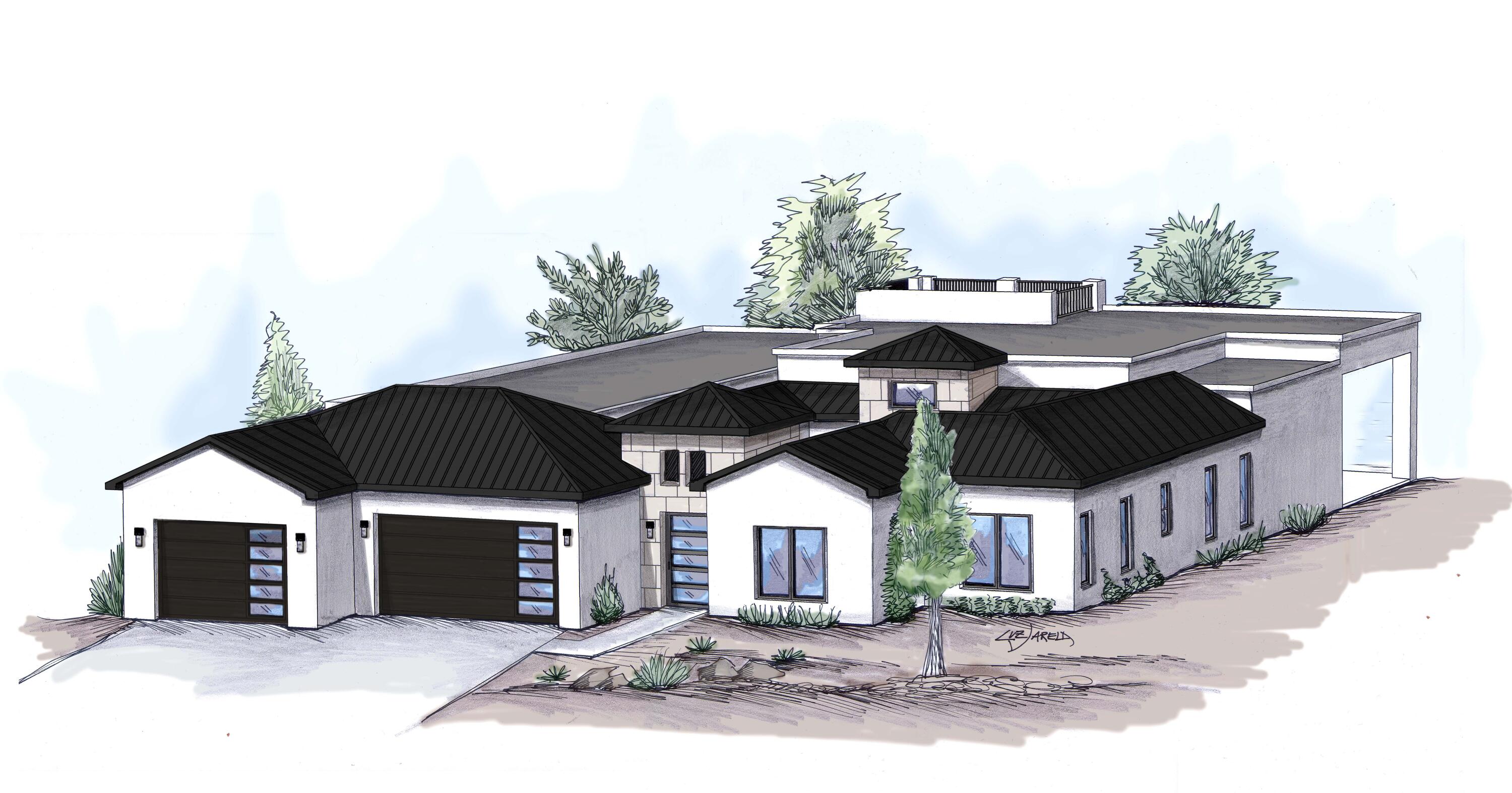Courtyard with gate house entrance. Contemporary meets classic in Los Ranchos luxury build. Only 5 sites available--get 1st pick now! Enter thru gate house to sun-lit courtyard. Casita suite boasts private entry w/ ensuite & walk-in closet. 3 generously proportioned spare rooms w/ walk-in closets & ensuite baths. Primary suite is a private retreat complete w/ hidden safe room, boutique closet, spa ensuite w/ walk-in shower, soaking tub, & dual vanities. Floor to ceiling windows capture panoramic views. 3-car garage. Gourmet kitchen w/ waterfall island, wet bar, electric fireplace, custom lighting, & covered porch w/outdoor kitchen are just a few of the luxury amenities waiting for you in this 4,316 sq. ft. dream home!