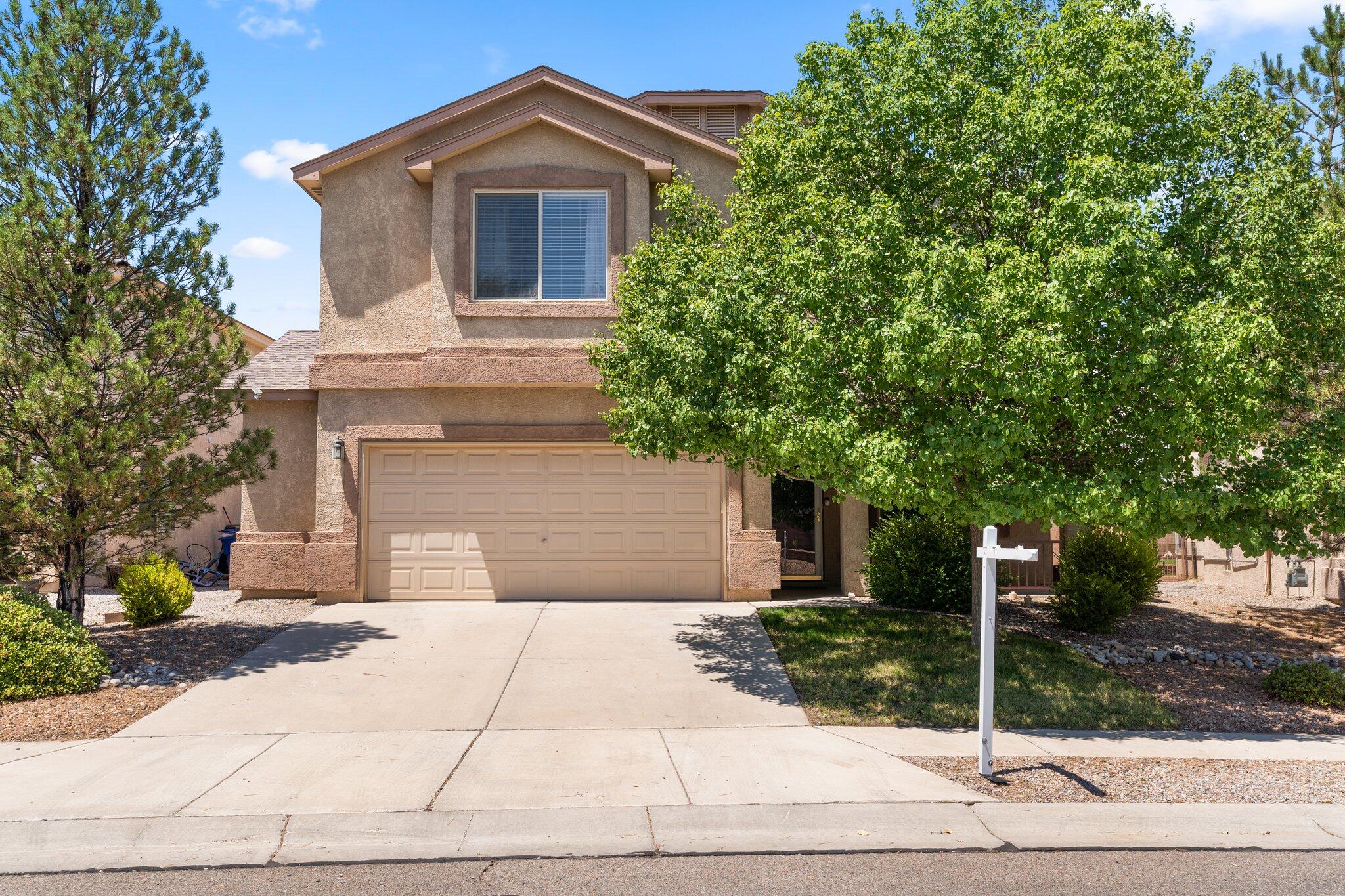 Tastefully styled w/ a mid-century modern flair, this Ventana Ranch property is well appointed & move in ready! Dark wood-tile flooring in the living areas & kitchen on the main level.  The kitchen is open with white cabinetry, white quartz countertops, brass hardware, stainless appliances, trough sink & mini-subway tile backsplash!  All bedrooms & a well-sized loft are located upstairs. The primary suite has a French Door entry, window seat w/ views, the primary bathroom has a garden tub, separate shower, double sinks & large walk-in closet. The backyard has cherry, pomegranate & peach trees- there's also grape vines, rosemary + open & covered patio spaces.  Located with easy access to trails, parks, Paseo Del Norte, restaurants & more! Schedule your private showing w/ a Realtor today!