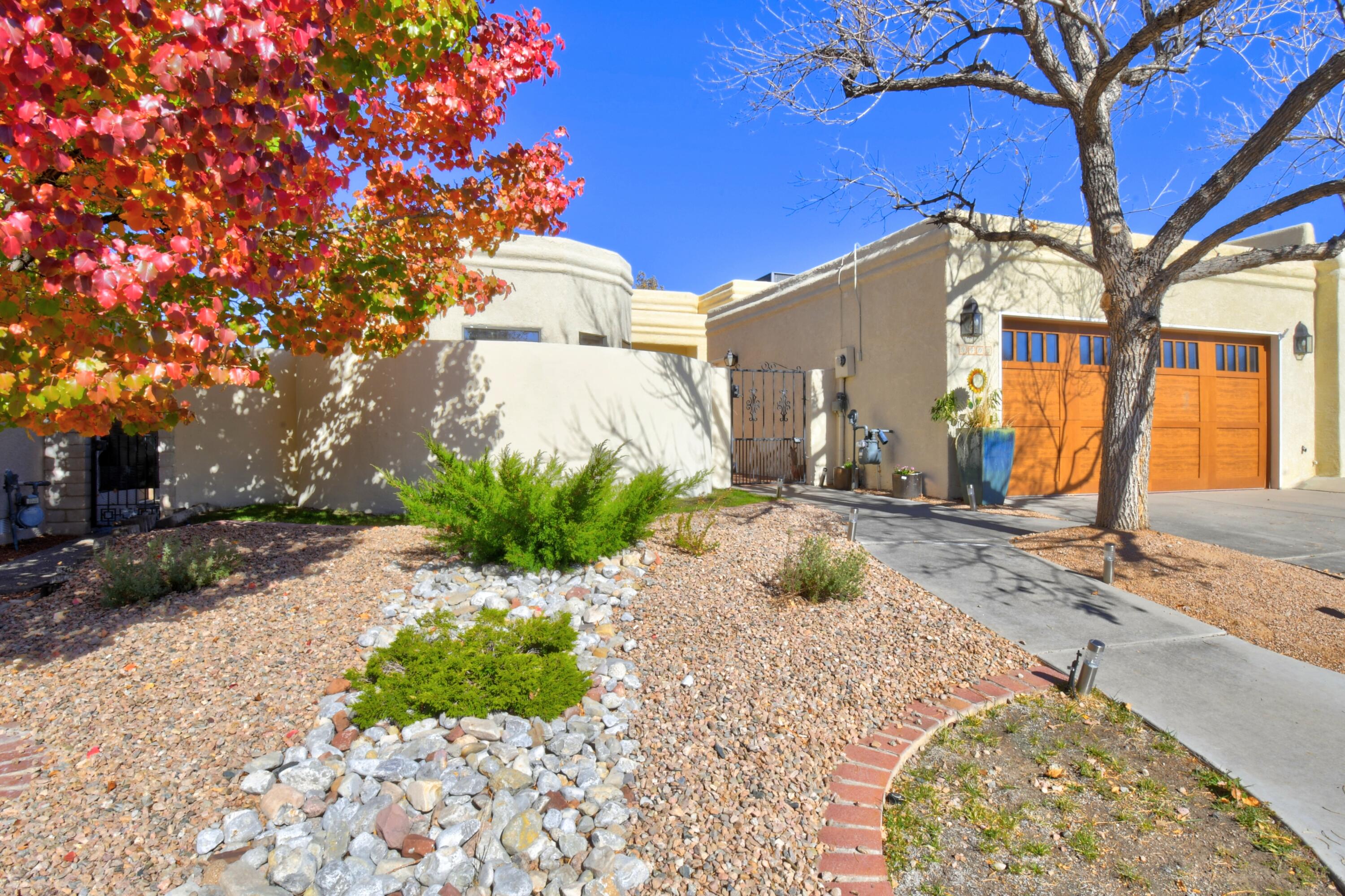 Gorgeous One Story Custom Tanoan Beauty, Right on the Golf Course. Enter through the Gated Courtyard into the Tiled Foyer/Light Filled Atrium, Open to the Great Room w/ Tall Ceilings, Clerestory Windows, Beams & a Cozy Remote Controlled Custom Gas Log FP w/ Views out to the Golf Course. Incredible Daylighting! Light/Bright Kitchen w/ Bar Seating, a Breakfast Nook & Bay Window. Large Primary Suite w/ Tall Ceilings, Clerestory Windows & Views out to the Golf Course & a Luxurious En-Suite Bath w/ a Sunken Jetted Tub, Separate Shower, & a Huge Walk-in Closet. Office/BR3, Enjoy the Golf Course/Mountain Views from the Covered Patio or from the Hot Tub. WH-23, Bosch DW-22, Carpet-22, Induction Rangetop/Sink-21, Garage Door-21, HVAC-21, TPO Roof-18. Upgraded Lighting Throughout! MOVE IN READY!